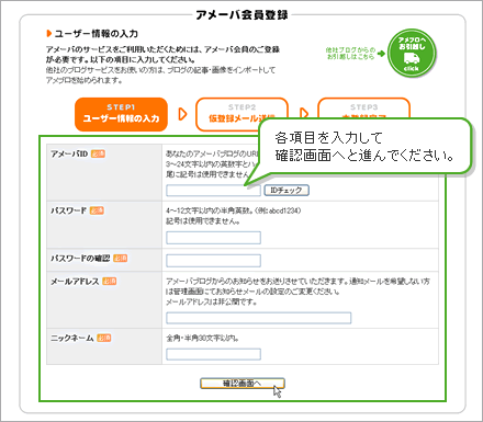 各項目を入力して確認画面へと進んでください